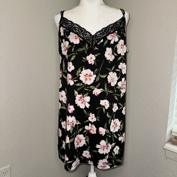 Joyspun Lace Trim Knit Chemise Slip Dress Black Pink Flowers Women's XL Coquette - Picture 1 of 8